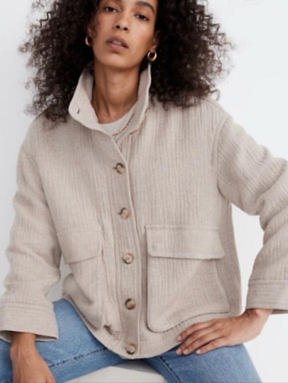 Madewell Clairmont Crop Button-Front Jacket in Light Beige Oatmeal Size XXS Wool